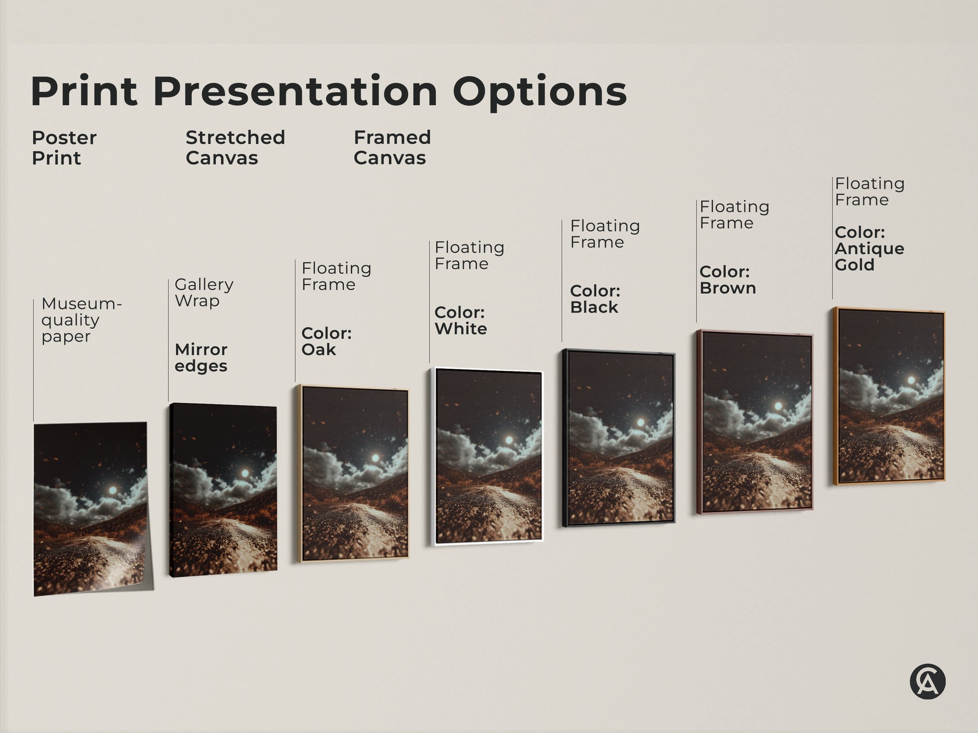 Explore print presentation options for a moonlit road artwork. Choose from poster prints stretched canvas and framed canvas. Each features a dark brown landscape with gray and orange accents. Perfect eclectic home decor. These nature wall art prints capture a celestial night sky. Cinematic road trip artwork adds mood to any room.