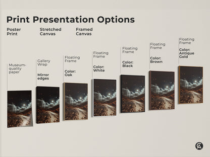Explore print presentation options for a moonlit road artwork. Choose from poster prints stretched canvas and framed canvas. Each features a dark brown landscape with gray and orange accents. Perfect eclectic home decor. These nature wall art prints capture a celestial night sky. Cinematic road trip artwork adds mood to any room.