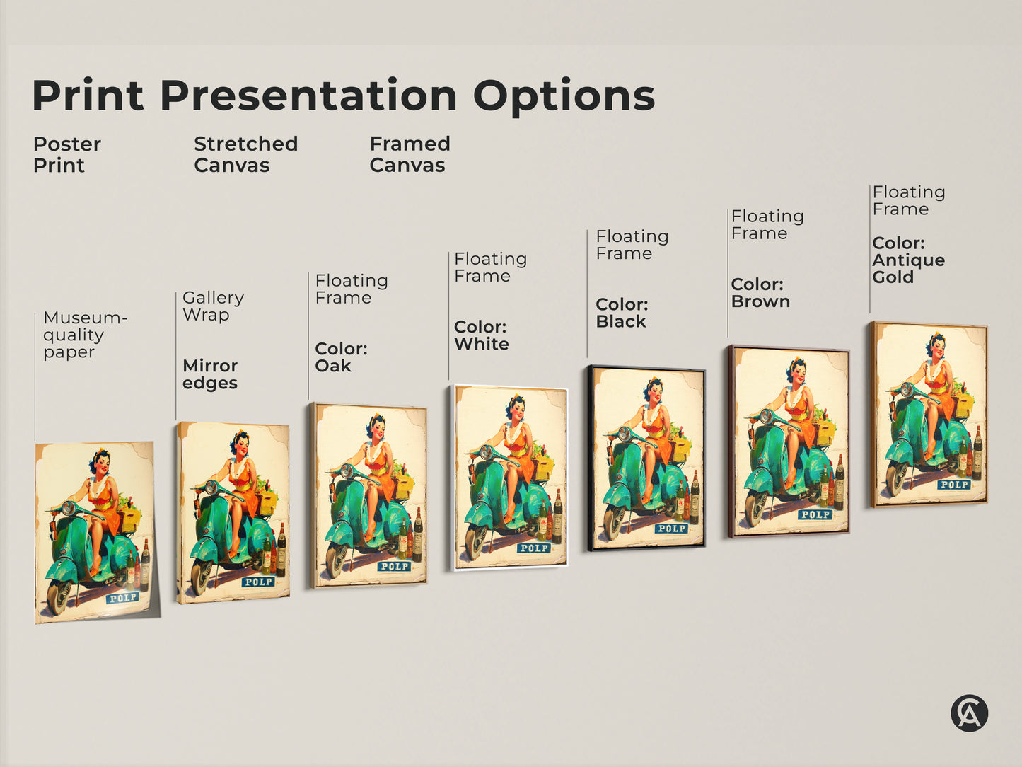Explore print presentation options with this artwork featuring a woman on a Vespa scooter. Choose from poster prints stretched canvas or framed canvas. Find the perfect style to match your decor and showcase this vintage-inspired design.