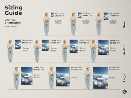 Sizing guide for vertical airplane art. Available as canvas or poster print. Find small medium and large sizes. This aviation art is perfect for any space. It is a modern sky blue airplane print.