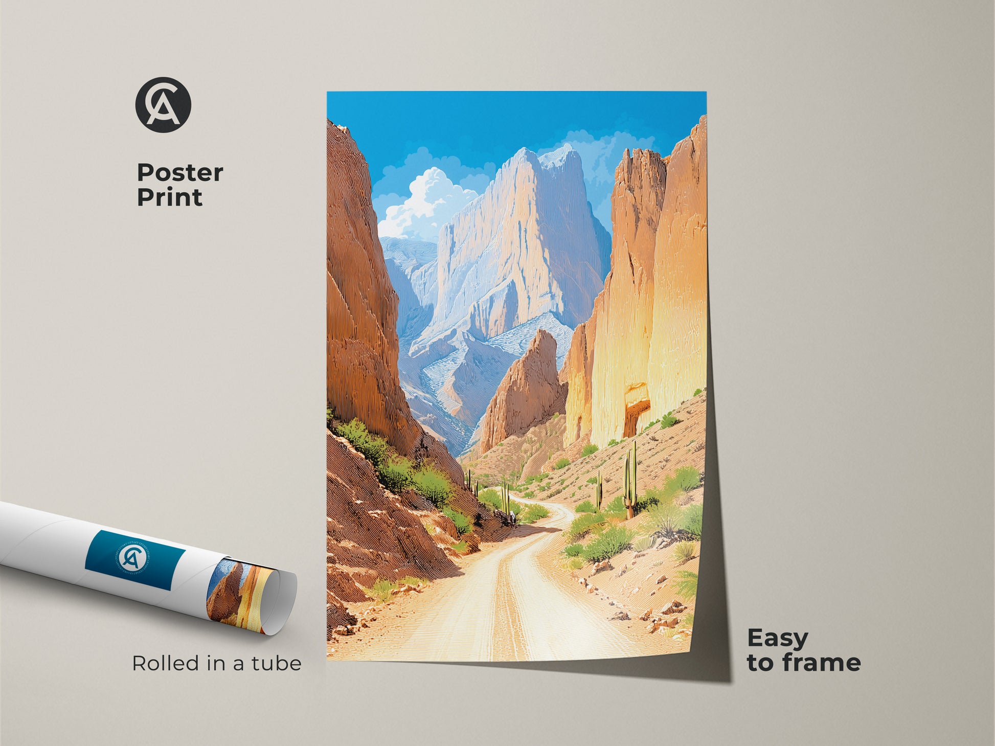 This desert road art print shows off the Southwestern scenery. The vintage travel poster style and mountain landscape canvas are easy to frame. This poster showcases the orange and yellow desert hues. Great as nature-inspired home decor or a unique gift. 