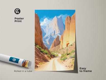 This desert road art print shows off the Southwestern scenery. The vintage travel poster style and mountain landscape canvas are easy to frame. This poster showcases the orange and yellow desert hues. Great as nature-inspired home decor or a unique gift. 