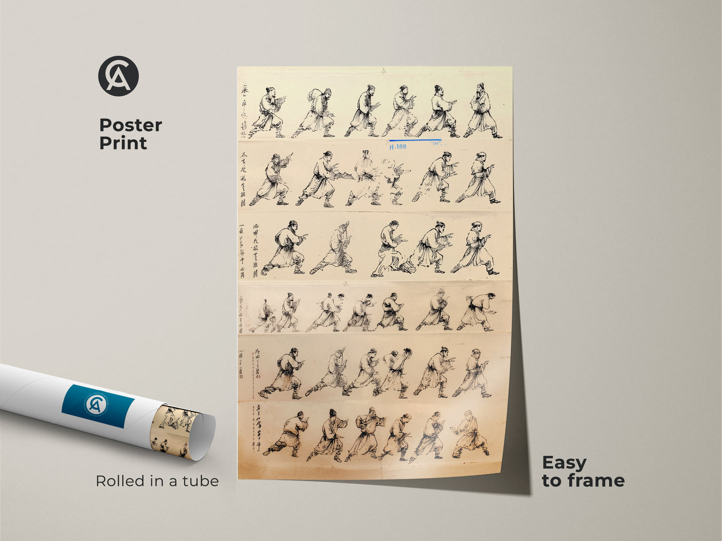 Poster print of minimalist ink wash art. This martial arts action poses artwork is easy to frame. The black sepia line art suits a study room or office. This unique art is ideal for martial arts enthusiasts. Its historical art and action pose themes make it a unique addition to minimalist decor styles.
