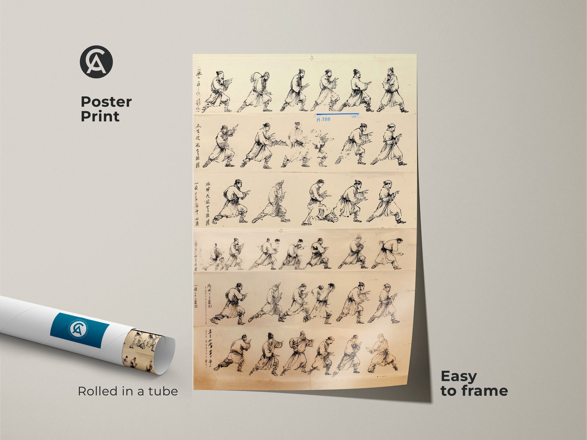 Poster print of minimalist ink wash art. This martial arts action poses artwork is easy to frame. The black sepia line art suits a study room or office. This unique art is ideal for martial arts enthusiasts. Its historical art and action pose themes make it a unique addition to minimalist decor styles.
