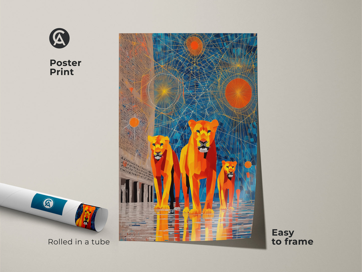 Google Drive warning for a downloadable Geometric Lion art file. The abstract sunburst canvas features a blue and orange animal print. Download this contemporary lion artwork for unique wall decor. It's a modern geometric piece showcasing a family of lions.