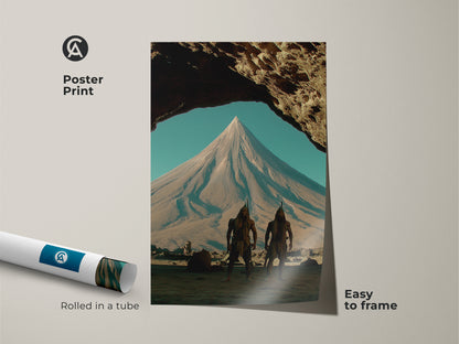 Poster Print of tribal warriors in a surreal fantasy landscape. This earth tones artwork is easy to frame. A mountain peak scene art for eclectic home decor. Features tribal hunter art. Rolled in a protective tube. Gift for fantasy lovers