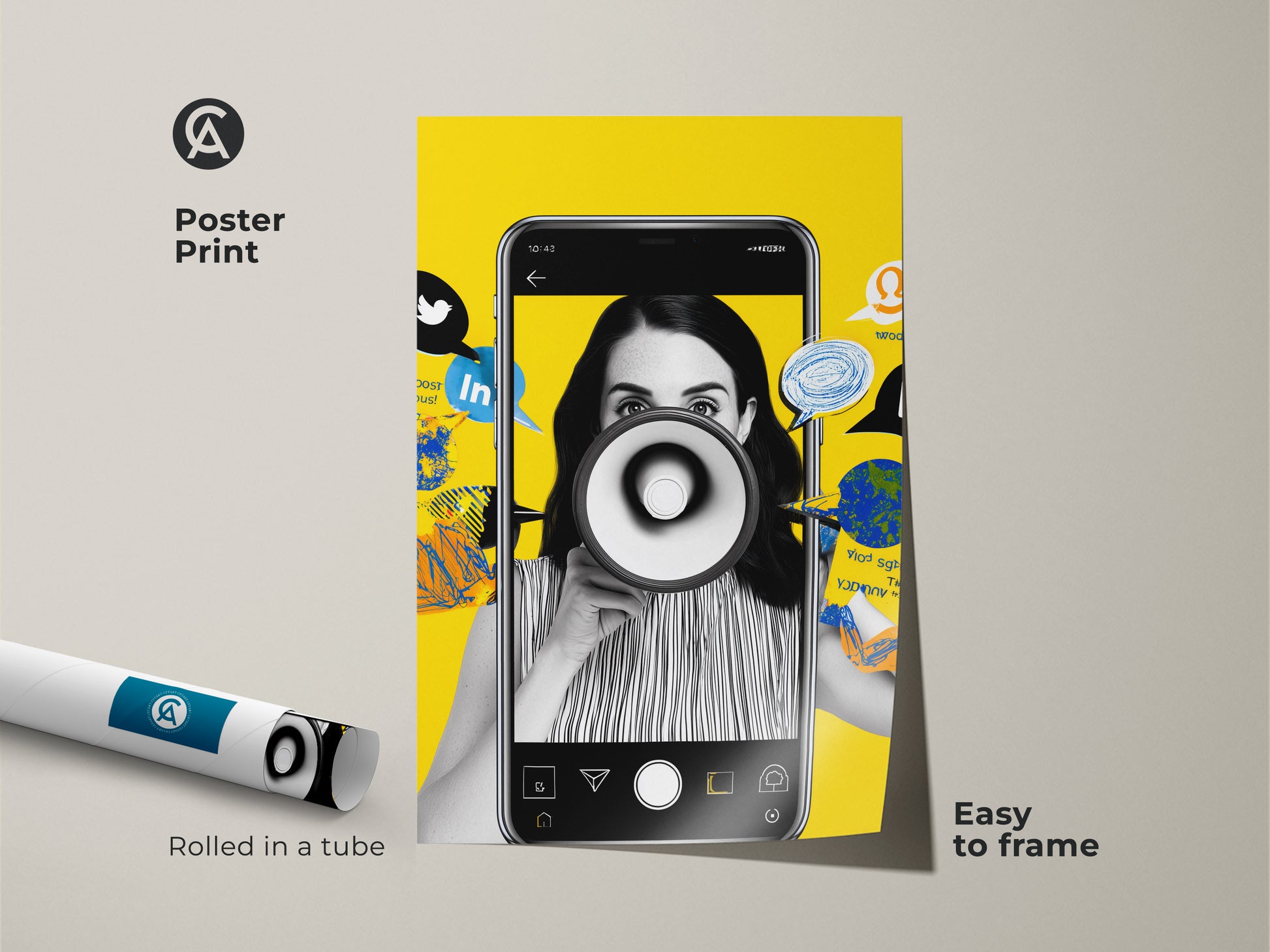 Poster print of a megaphone wall art collage. This social media artwork is rolled in a tube. It is easy to frame. The yellow and black colors make it a striking piece for any office. Ideal decor for marketing pros. Its contemporary art style adds flair.