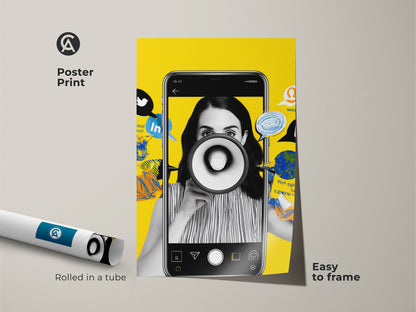 Poster print of a megaphone wall art collage. This social media artwork is rolled in a tube. It is easy to frame. The yellow and black colors make it a striking piece for any office. Ideal decor for marketing pros. Its contemporary art style adds flair.