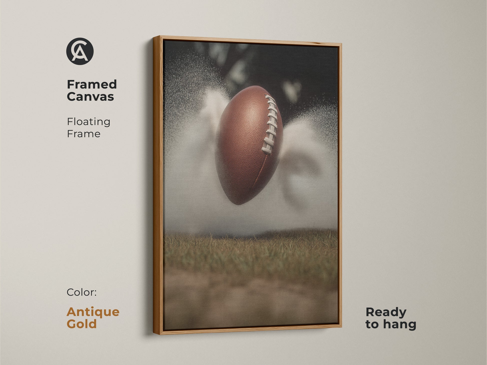 Elevate your space with this dynamic football artwork framed in antique gold. It captures the raw energy of sports action. Perfect for a modern office or man cave. This canvas wall decor is a great gift for any sports lover. It features a textured football against a misty field.