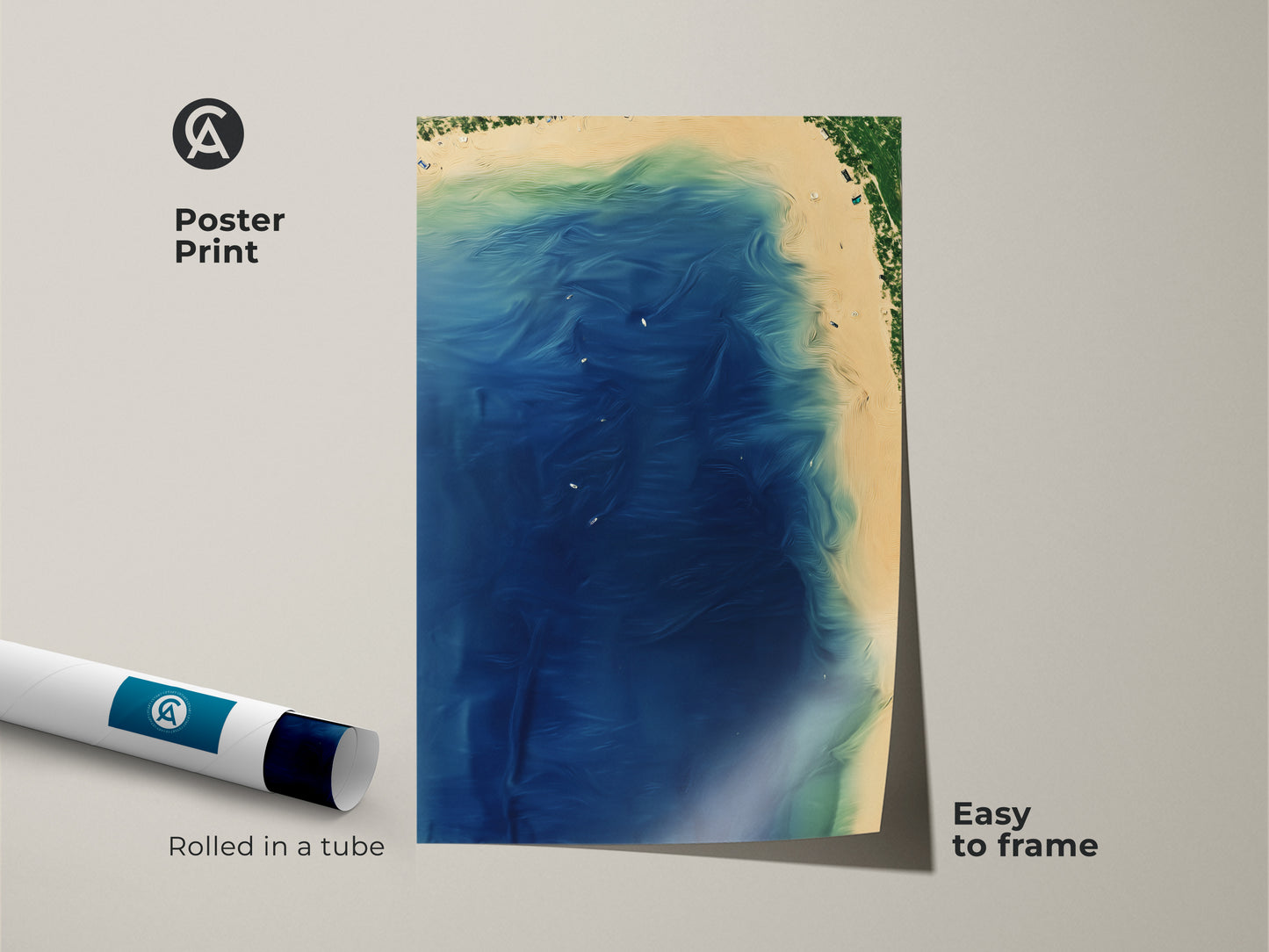 Poster print of abstract aerial ocean art. The artwork is rolled in a tube for easy framing. Deep blue wave artwork with aqua green coastal decor. This ocean waves art print brings coastal beauty to any room. Perfect for residential wall decor.