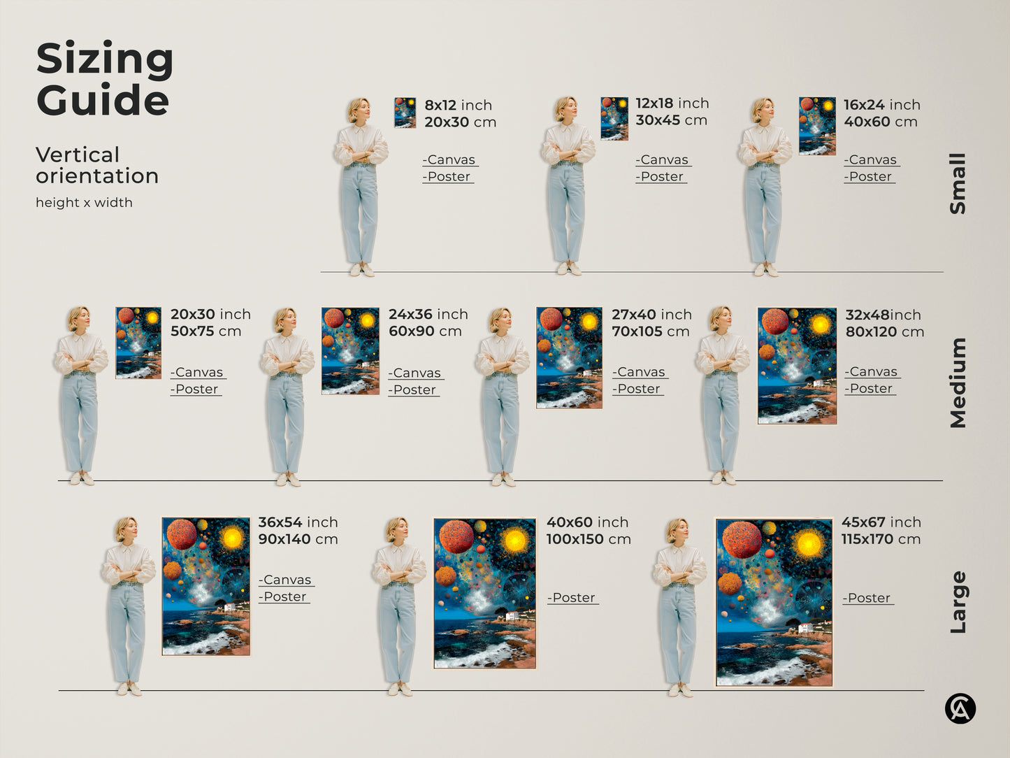 Sizing guide for the abstract celestial orbs artwork. Vertical orientation options are shown on canvas and poster. Find small medium and large sizes. Envision this art in your eclectic style home.
