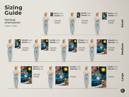 Sizing guide for the abstract celestial orbs artwork. Vertical orientation options are shown on canvas and poster. Find small medium and large sizes. Envision this art in your eclectic style home.