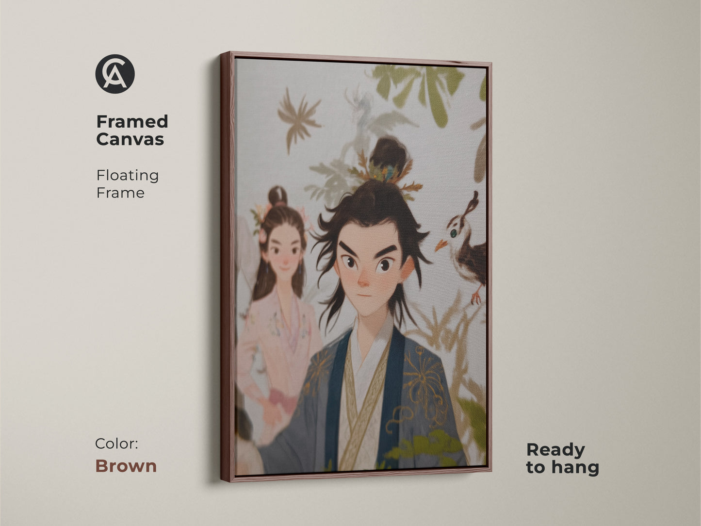 Framed canvas with brown floating frame featuring a traditional Chinese couple. Ready to hang. This couple art print wall decor is an anniversary gift for a married couple. Beige blue green wall art adds eclectic home decor art.