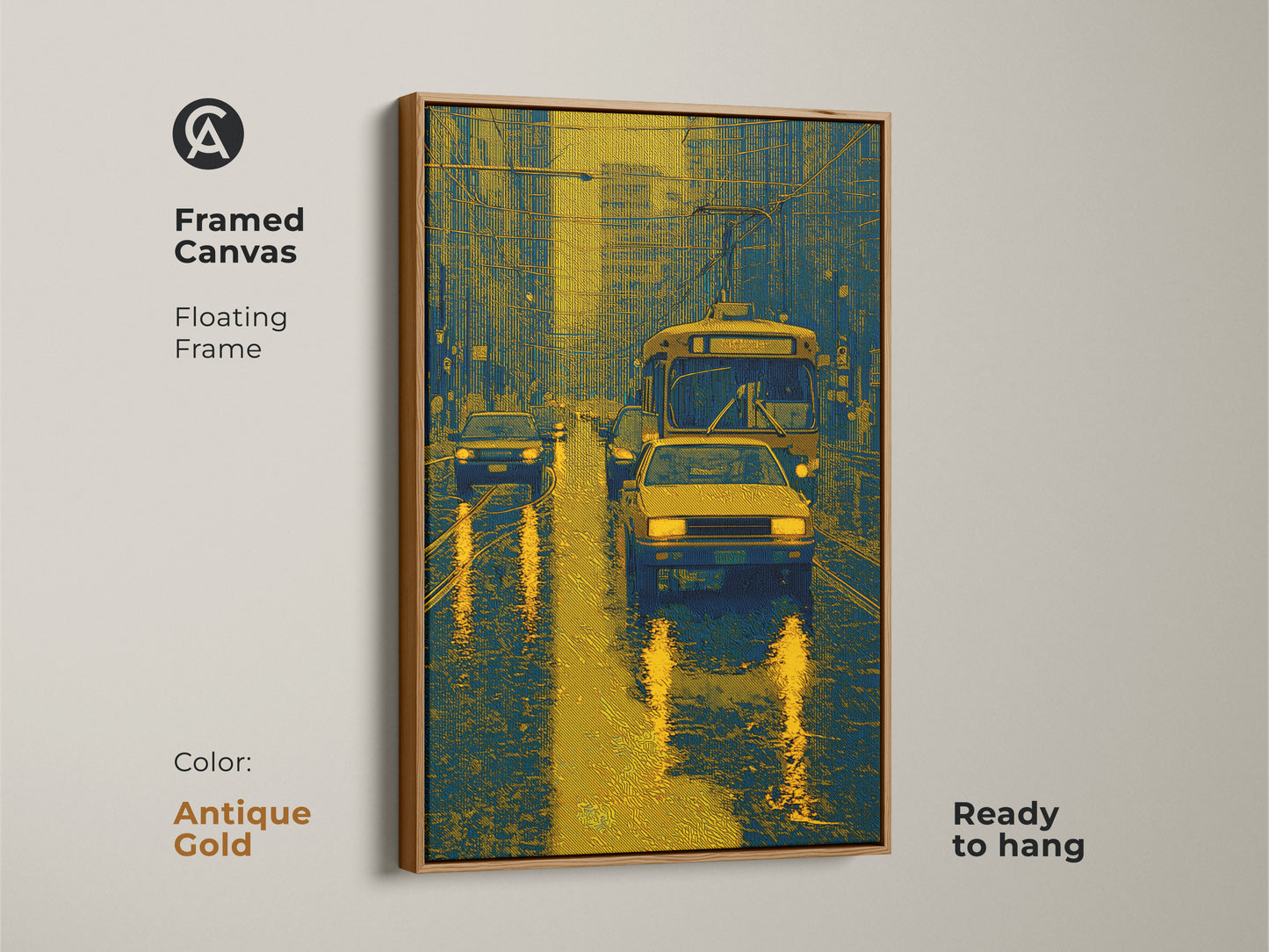 This framed canvas artwork showcases a rainy city street. The piece features cars and a bus in blue and gold. The antique gold floating frame adds a touch of vintage charm. Ready to hang for easy display.