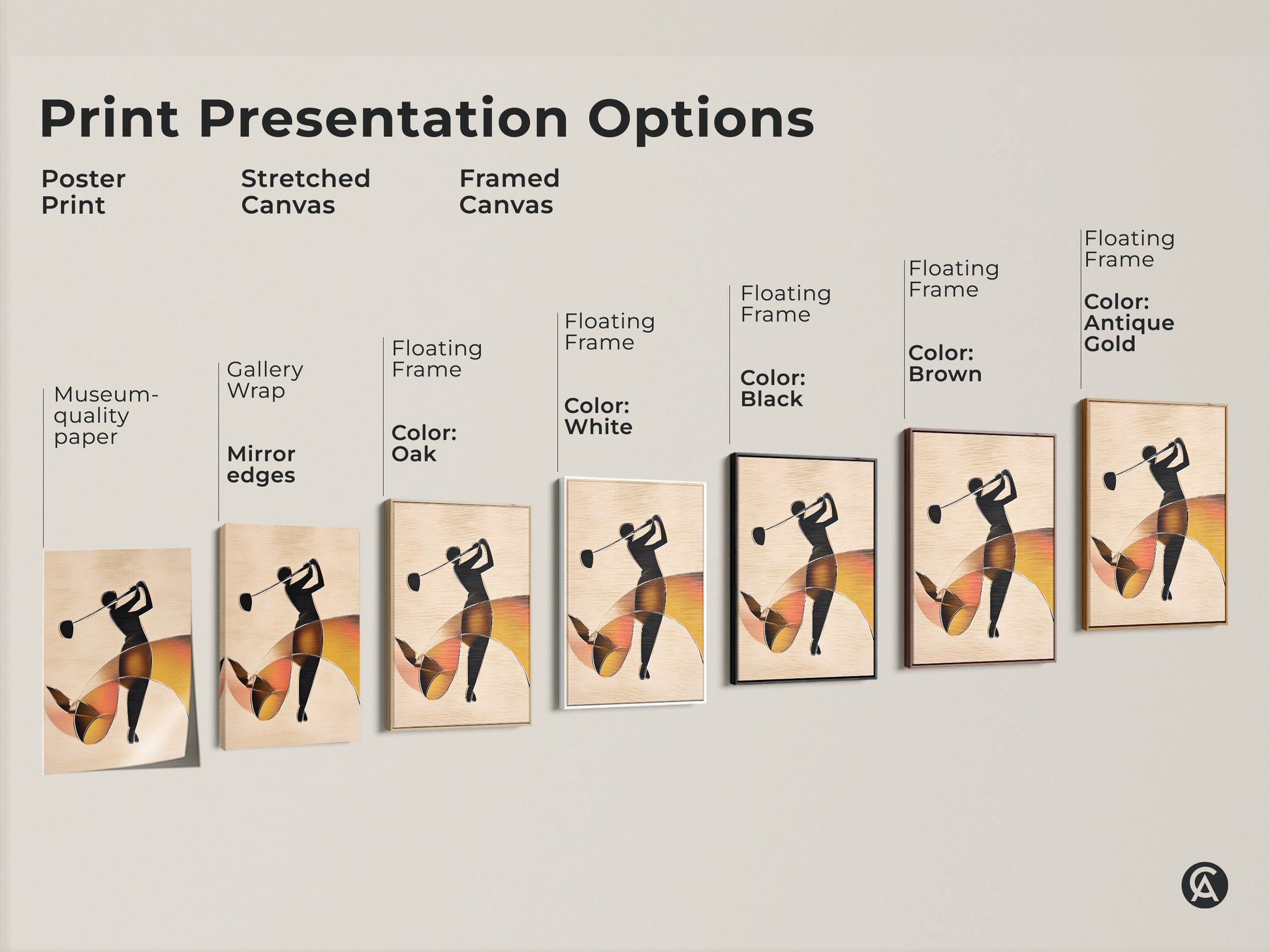 Print presentation options for abstract golfer art. Choose from poster print stretched canvas and framed canvas. Find the perfect wall art to complement any space or golf theme.