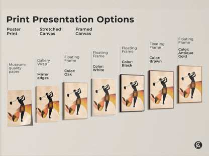 Print presentation options for abstract golfer art. Choose from poster print stretched canvas and framed canvas. Find the perfect wall art to complement any space or golf theme.