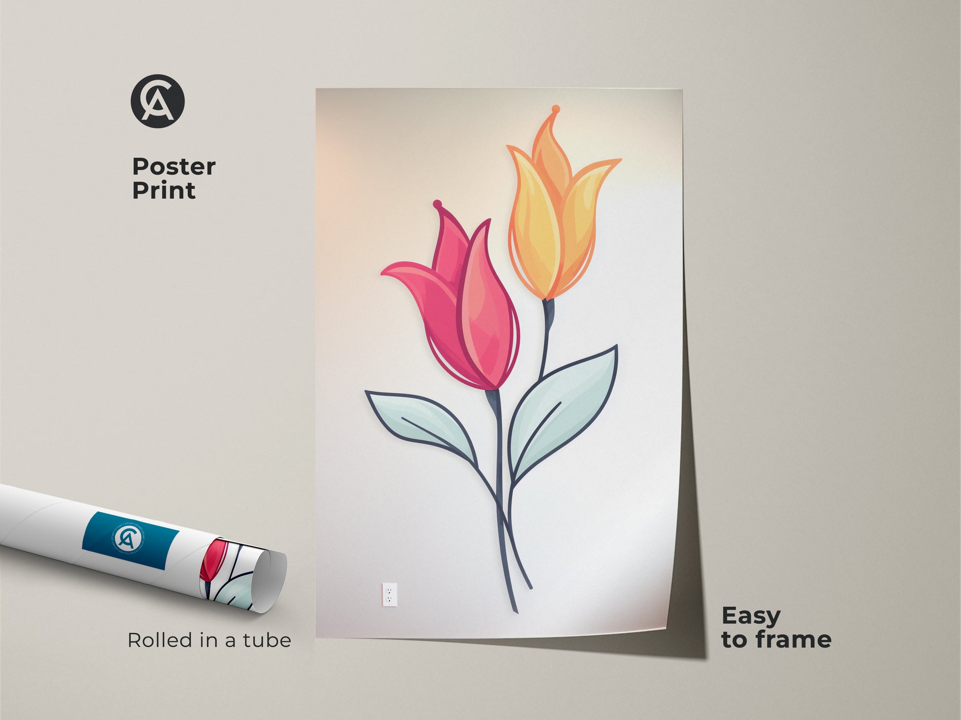 A poster print features pink and yellow tulips rolled in a tube ready to frame. The botanical art showcases modern folk style. Perfect for plant lovers this minimalist Scandinavian decor brings nature indoors. The abstract leaves add color to any space.