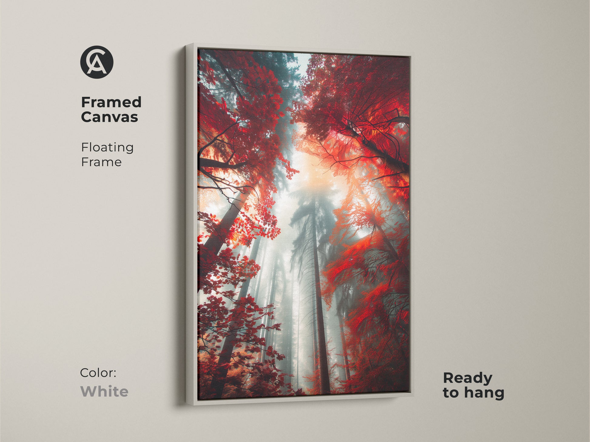 Framed canvas art print with a floating frame. A misty forest with red leaves is beautifully displayed. The white frame provides a clean and modern look. This ready-to-hang canvas adds a serene touch to your wall art collection.