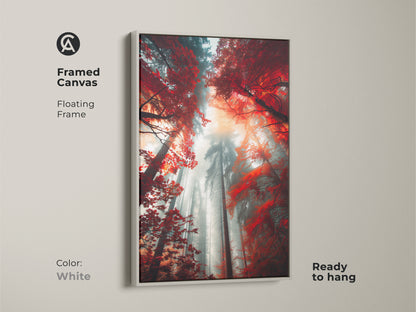 Framed canvas art print with a floating frame. A misty forest with red leaves is beautifully displayed. The white frame provides a clean and modern look. This ready-to-hang canvas adds a serene touch to your wall art collection.