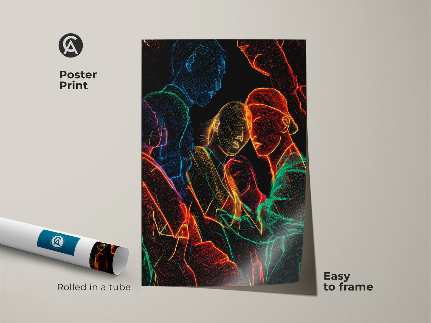 Poster print of a contemporary group portrait in neon line art. Abstract figurative people artwork is rolled in a tube for easy framing. The red blue and green neon glow wall art creates an edgy modern look ideal for art lovers and studio decor.