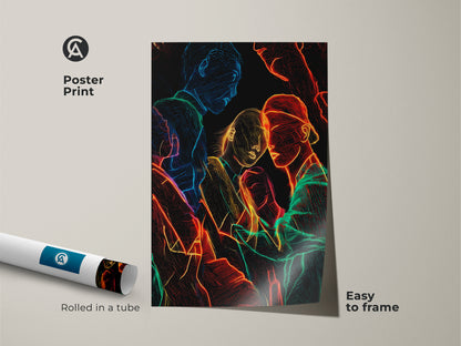 Poster print of a contemporary group portrait in neon line art. Abstract figurative people artwork is rolled in a tube for easy framing. The red blue and green neon glow wall art creates an edgy modern look ideal for art lovers and studio decor.
