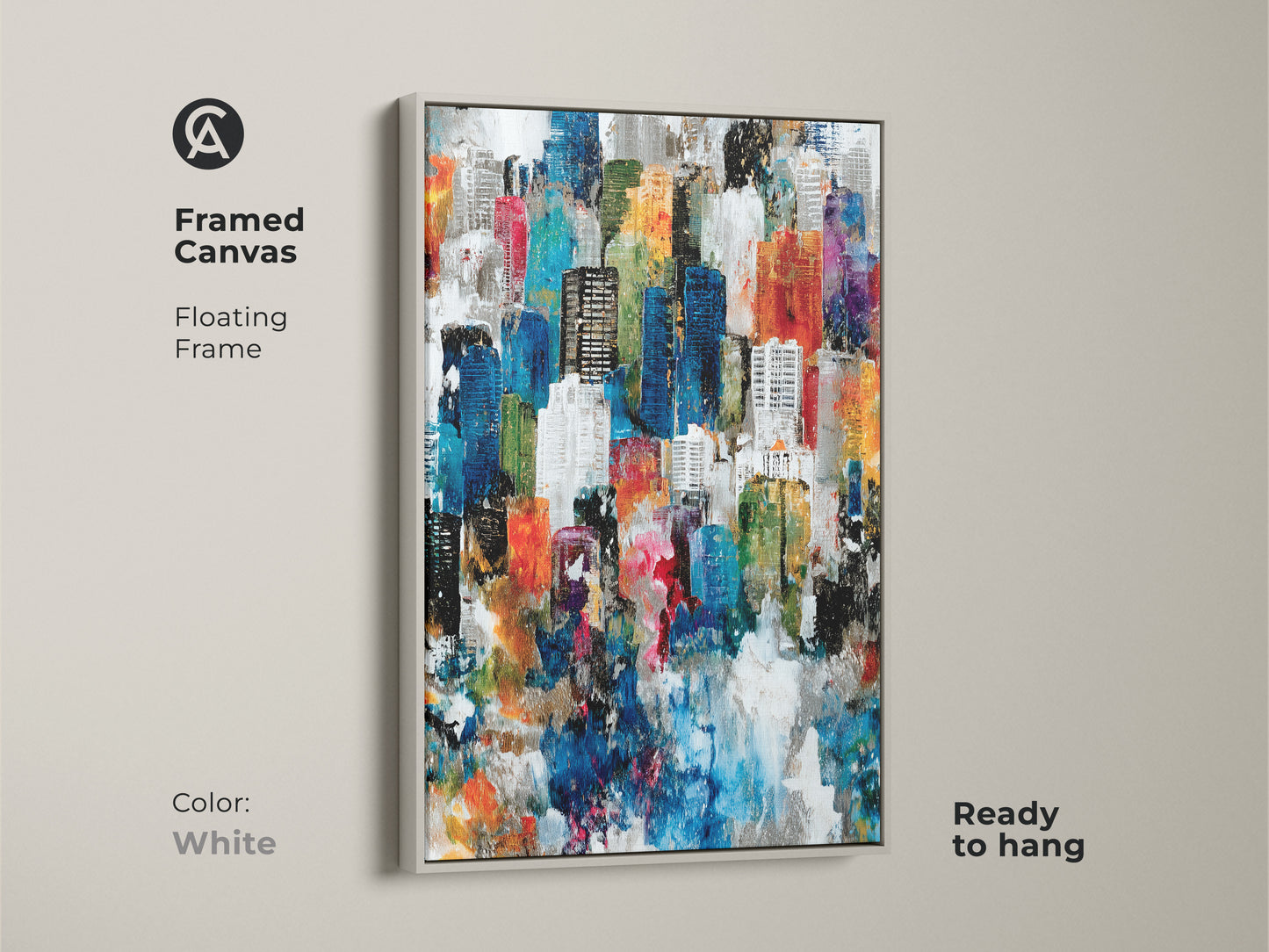 Framed canvas art presenting an abstract cityscape with a white floating frame. The vibrant colors and artistic style brighten any room. It is ready to hang. The white frame offers a clean contemporary aesthetic.