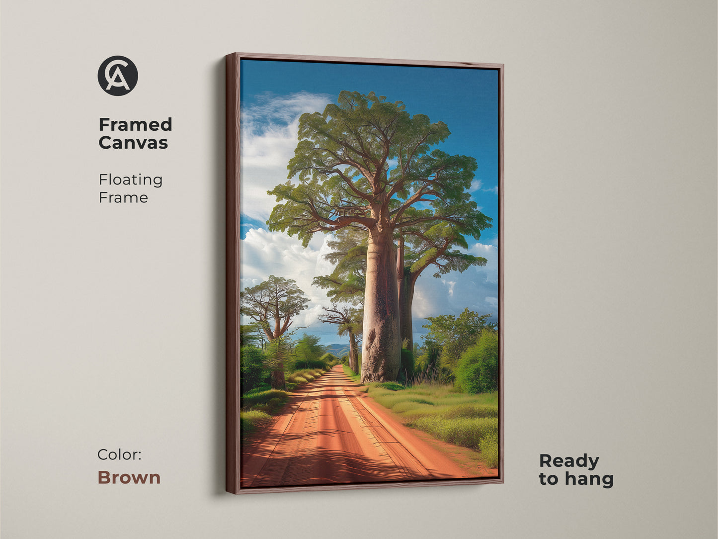 Framed canvas art featuring an African Savanna landscape with a Baobab tree. The floating frame is brown. Ready to hang in any room. This earth tones artwork adds a touch of adventure to your home decor.