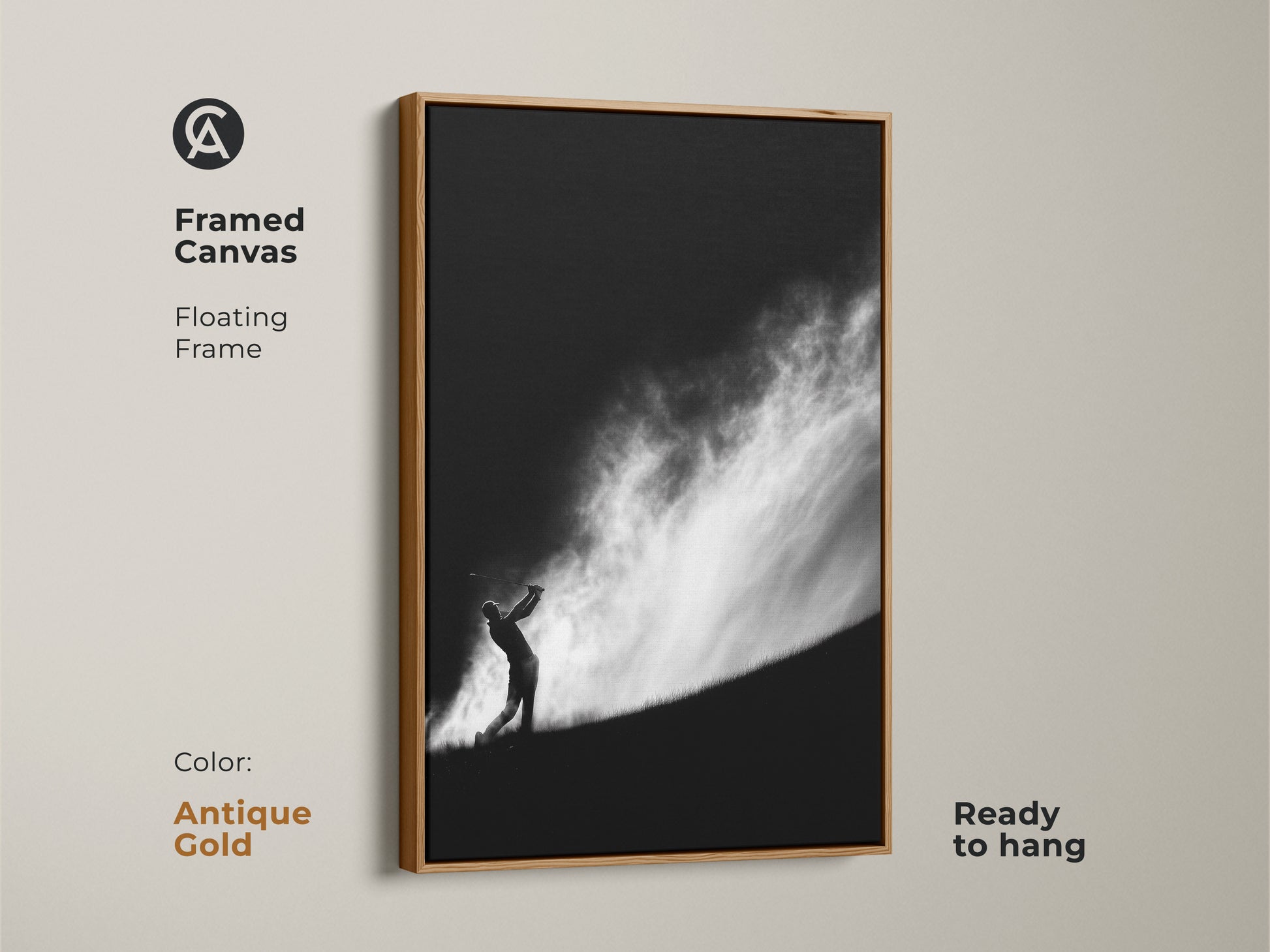This framed canvas art print features a golfer silhouette in black and white. The floating frame enhances the modern artwork. It's ready to hang. This framed canvas comes in Antique Gold color. Perfect for golf art collectors.