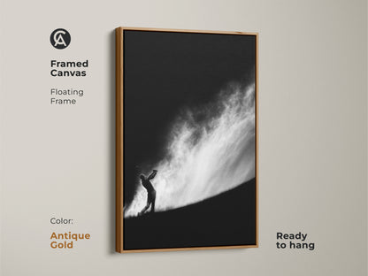 This framed canvas art print features a golfer silhouette in black and white. The floating frame enhances the modern artwork. It's ready to hang. This framed canvas comes in Antique Gold color. Perfect for golf art collectors.