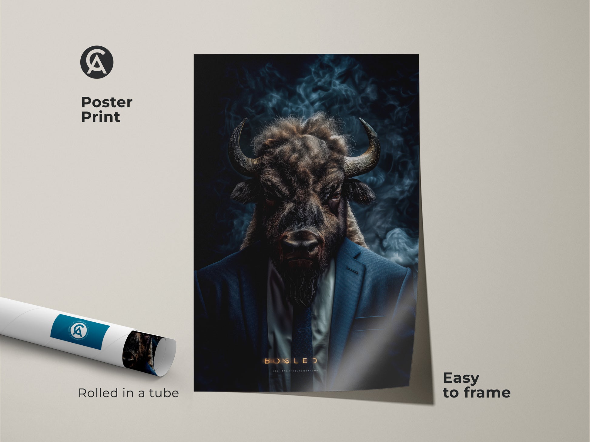 This poster print features a buffalo head on a man in a suit. Rolled in a tube this museum-quality paper print is easy to frame. A unique piece of wall art.