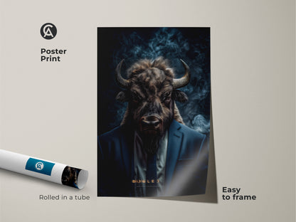 This poster print features a buffalo head on a man in a suit. Rolled in a tube this museum-quality paper print is easy to frame. A unique piece of wall art.