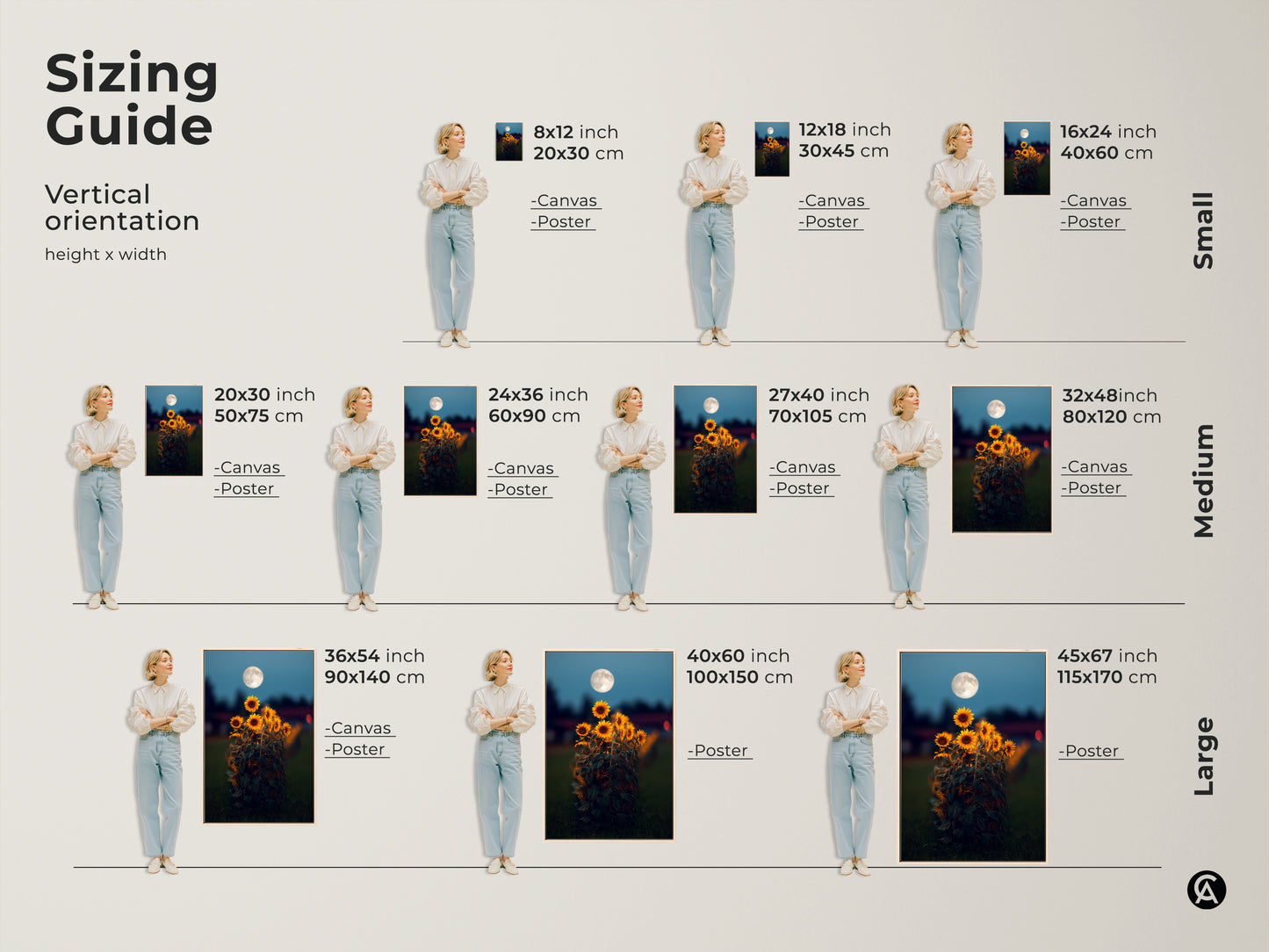 Sizing guide for vertical sunflower moon art prints. Available as canvas or poster in small medium and large sizes. Find the perfect fit for your space. Dreamy yellow orange floral art for your bedroom wall or living room canvas art.