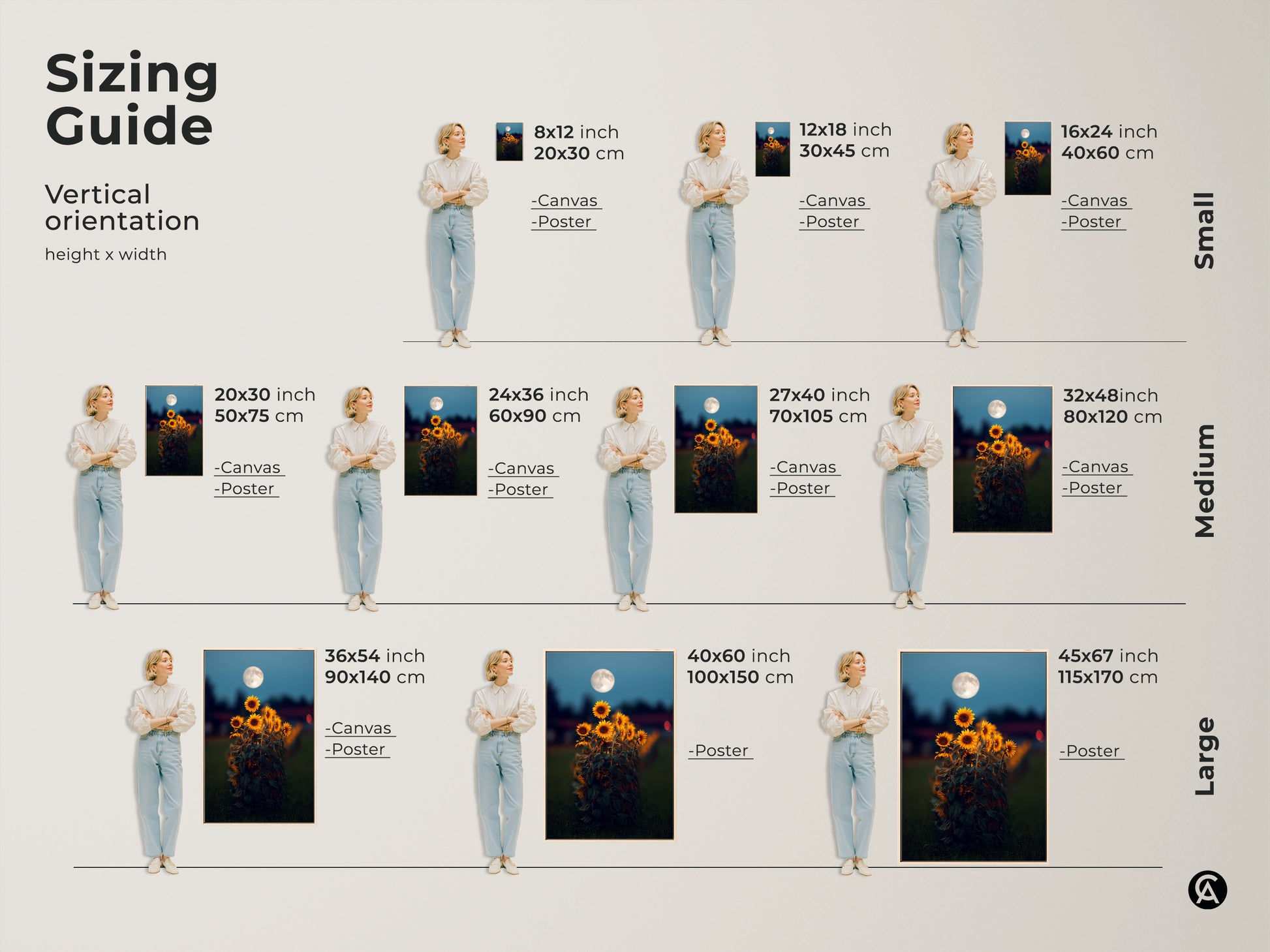 Sizing guide for vertical sunflower moon art prints. Available as canvas or poster in small medium and large sizes. Find the perfect fit for your space. Dreamy yellow orange floral art for your bedroom wall or living room canvas art.