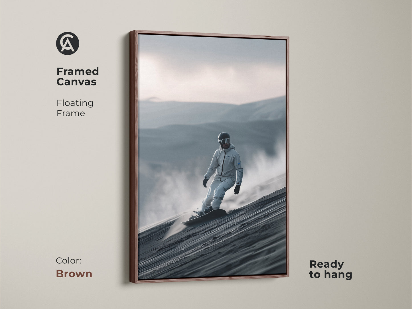 Framed canvas print of a snowboarder in action. The brown floating frame complements the artwork. This ready-to-hang piece captures a snowboarder riding a sand dune. Perfect for adding a sporty touch. A unique wall decor choice.