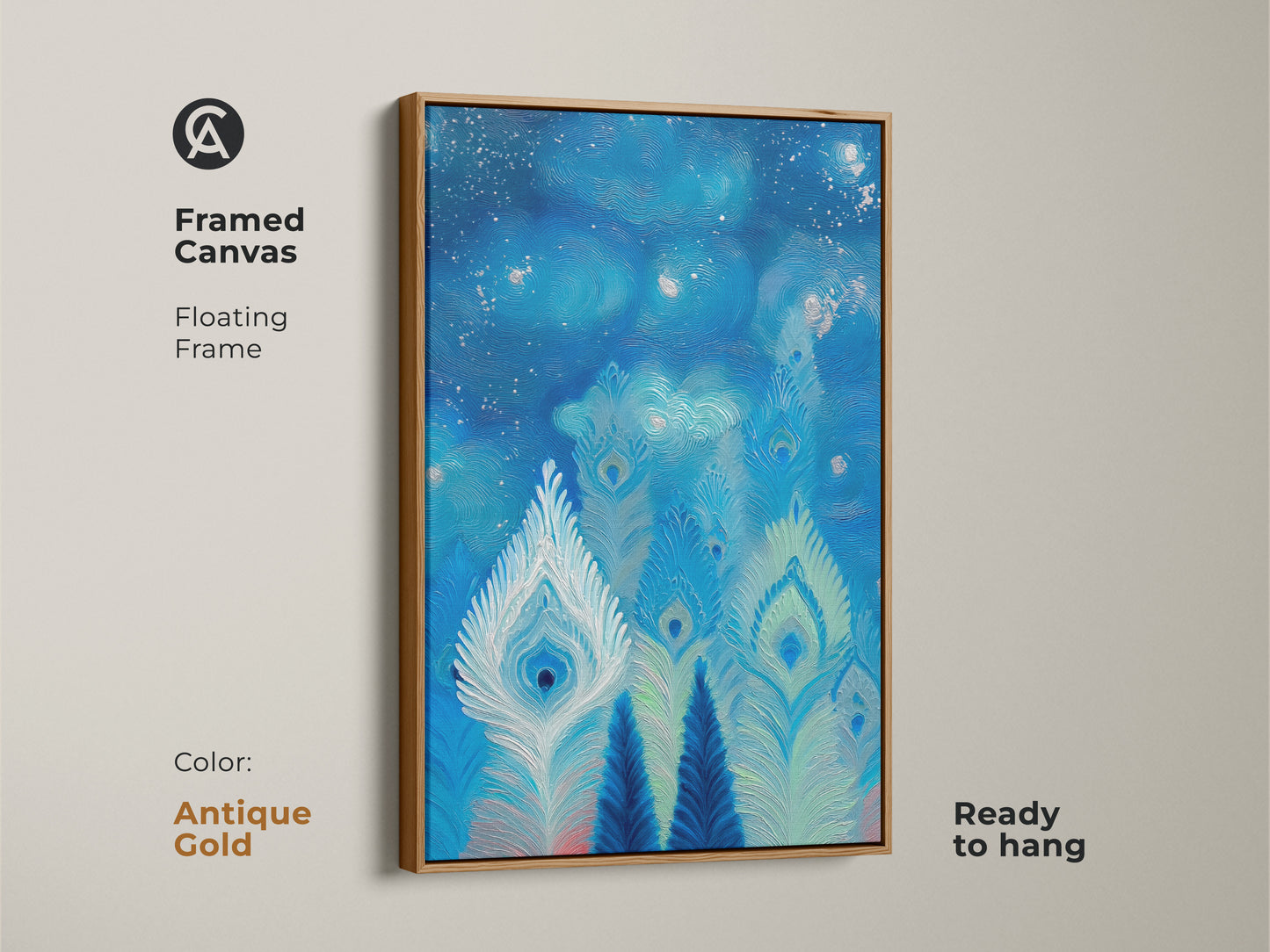 Framed canvas artwork shows peacock feathers in abstract. The deep blues and teals provide a celestial swirl. This wall art is ready to hang with an antique gold floating frame. It is perfect as a gift for home dwellers.