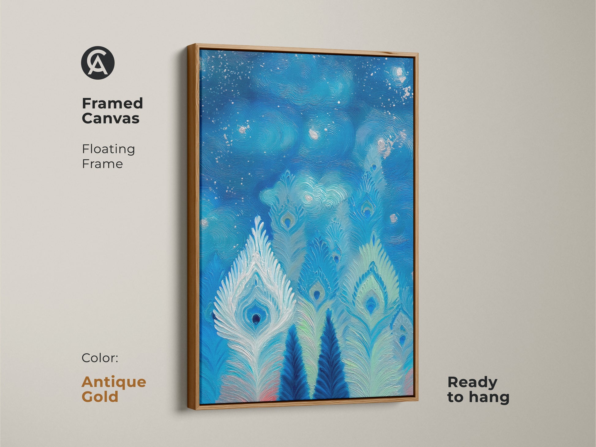 Framed canvas artwork shows peacock feathers in abstract. The deep blues and teals provide a celestial swirl. This wall art is ready to hang with an antique gold floating frame. It is perfect as a gift for home dwellers.