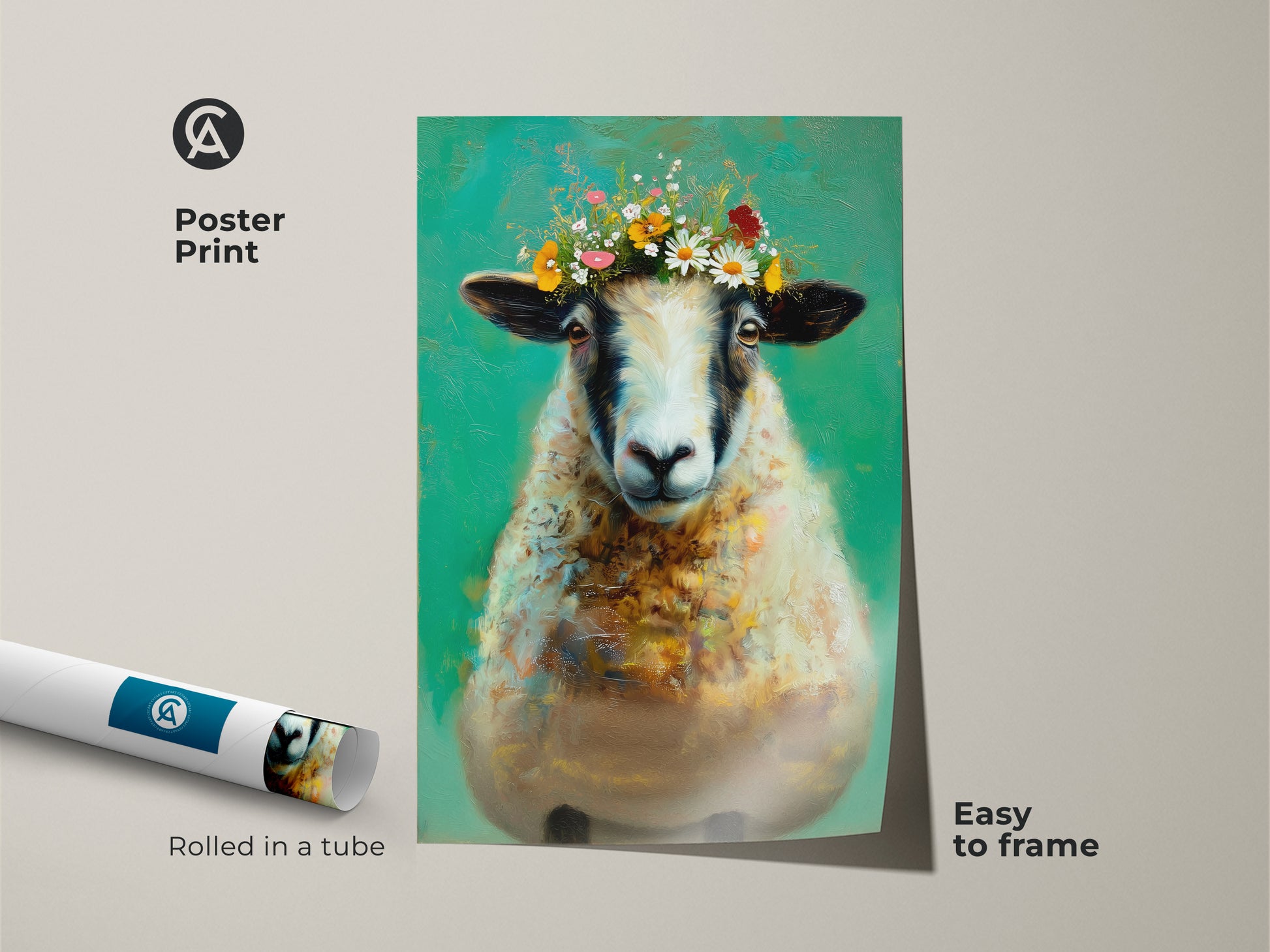 Poster print of a floral crown sheep art. The emerald green backdrop enhances the whimsical animal print. Rolled in a tube this folk art is easy to frame. It is a unique housewarming gift idea. This art is great for kitchen wall decor. Perfect for animal lovers seeking colorful farmhouse artwork.