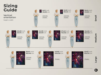 Sizing guide for vertical hummingbird and gladiolus artwork. Available as canvas or poster in sizes from 8x12 to 45x67 inches. Find the perfect size for your space with this art print.