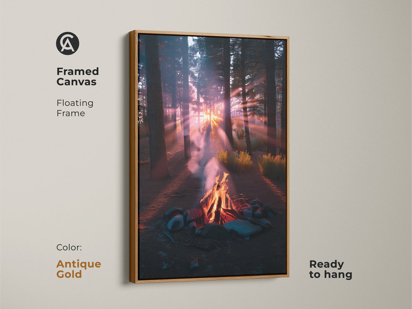 Antique gold floating frame around a canvas print of a campfire at sunset. This cozy landscape canvas is perfect for living room. The pine tree forest artwork brings nature indoors. A thoughtful housewarming gift for campers and nature enthusiasts.