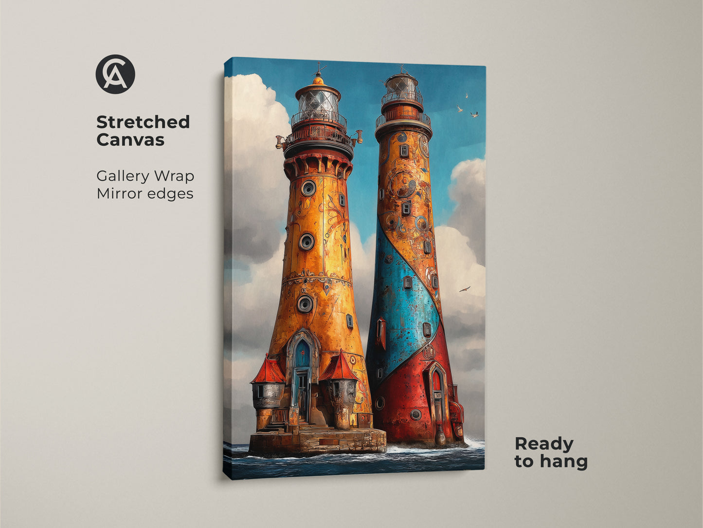 Stretched canvas gallery wrap featuring Steampunk Lighthouse art. The ornate nautical wall decor presents red blue orange hues. It's a ready-to-hang statement piece for coastal enthusiasts