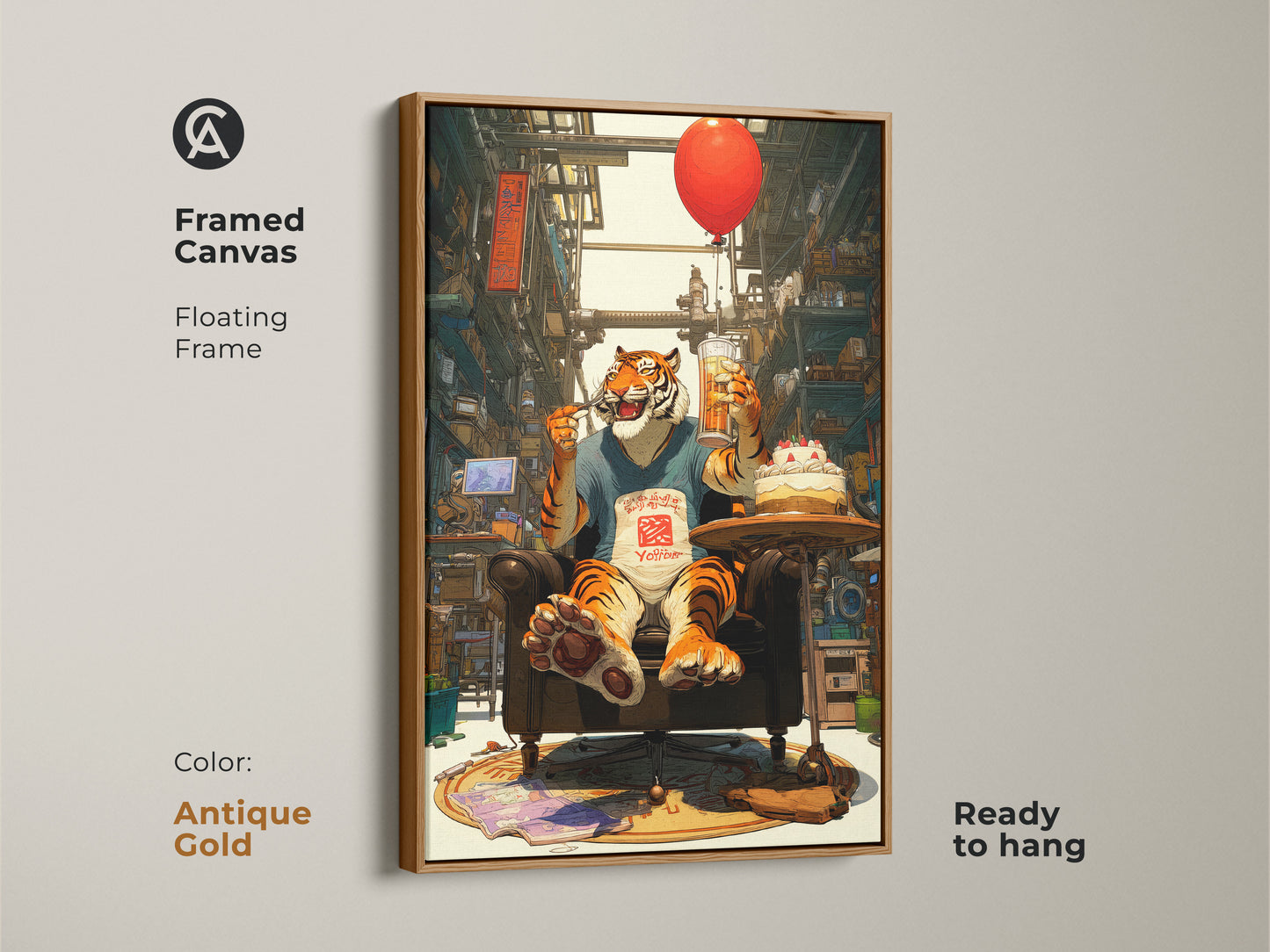 This framed canvas with floating frame shows a whimsical tiger enjoying beer and cake. This antique gold frame art is ready to hang. The red balloon and urban-inspired backdrop add a playful touch. A perfect gift for tiger lovers.