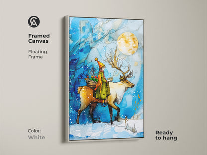 A framed canvas art presents a child riding a reindeer beneath a full moon. This white frame accentuates the blue and yellow tones of this winter wonderland wall art. Ideal christmas nursery decor is a festive gift. The magical winter scene is ready to hang.
