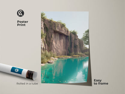 Poster print of teal lake landscape art. The turquoise water contrasts beautifully with the cliff. This nature scenery canvas art arrives rolled in a tube. It is easy to frame and perfect for any home. The contemporary artwork captures the beauty of a serene landscape.