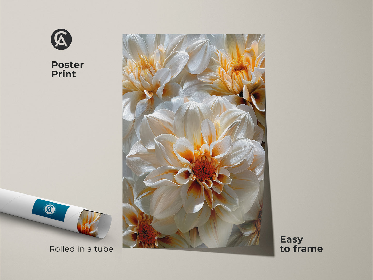 Poster print of a white and orange dahlia flower artwork. This museum-quality paper enhances the floral details. Easy to frame wall art. Perfect for adding a botanical touch to any room with this floral poster.