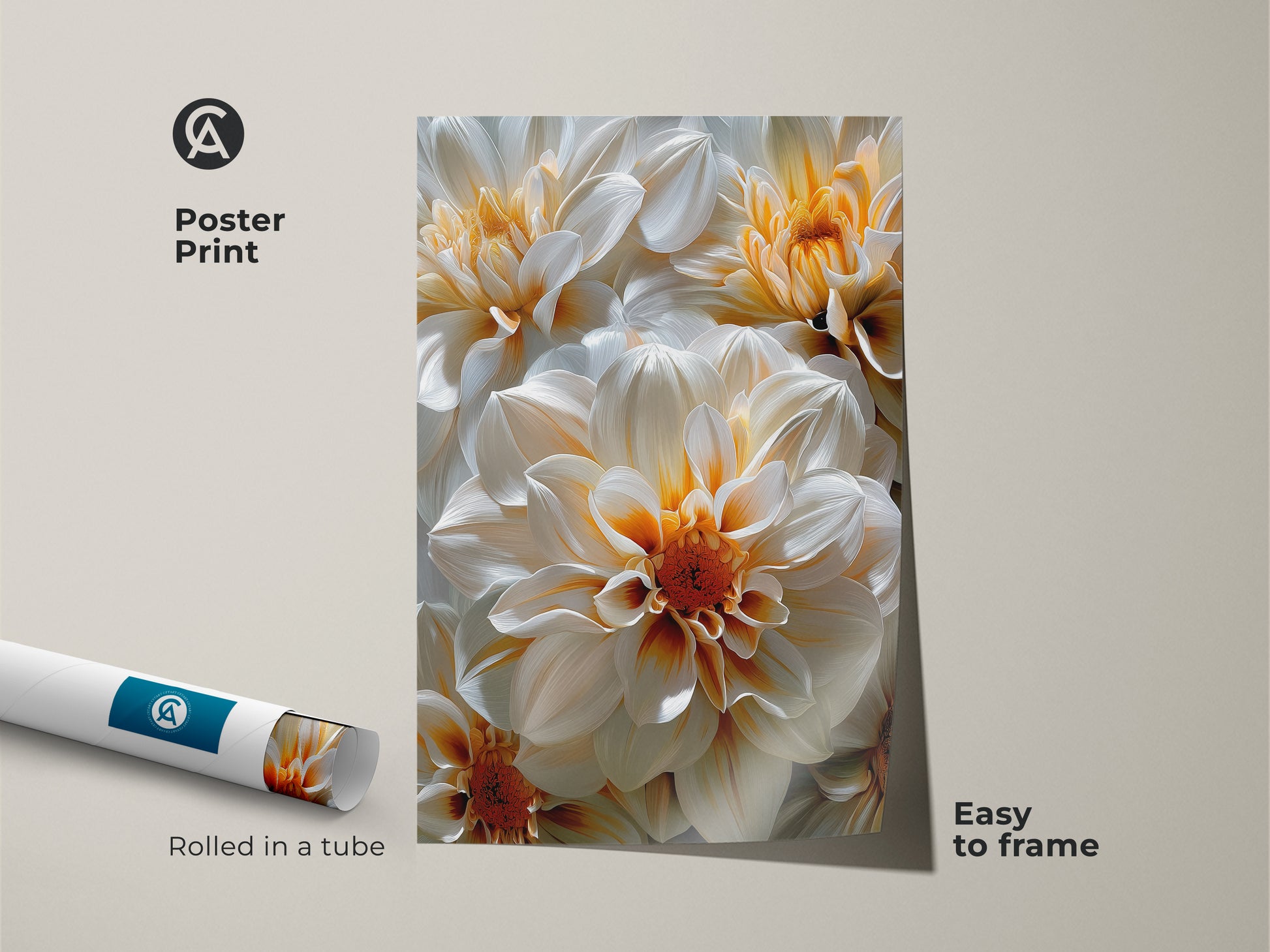 Poster print of a white and orange dahlia flower artwork. This museum-quality paper enhances the floral details. Easy to frame wall art. Perfect for adding a botanical touch to any room with this floral poster.
