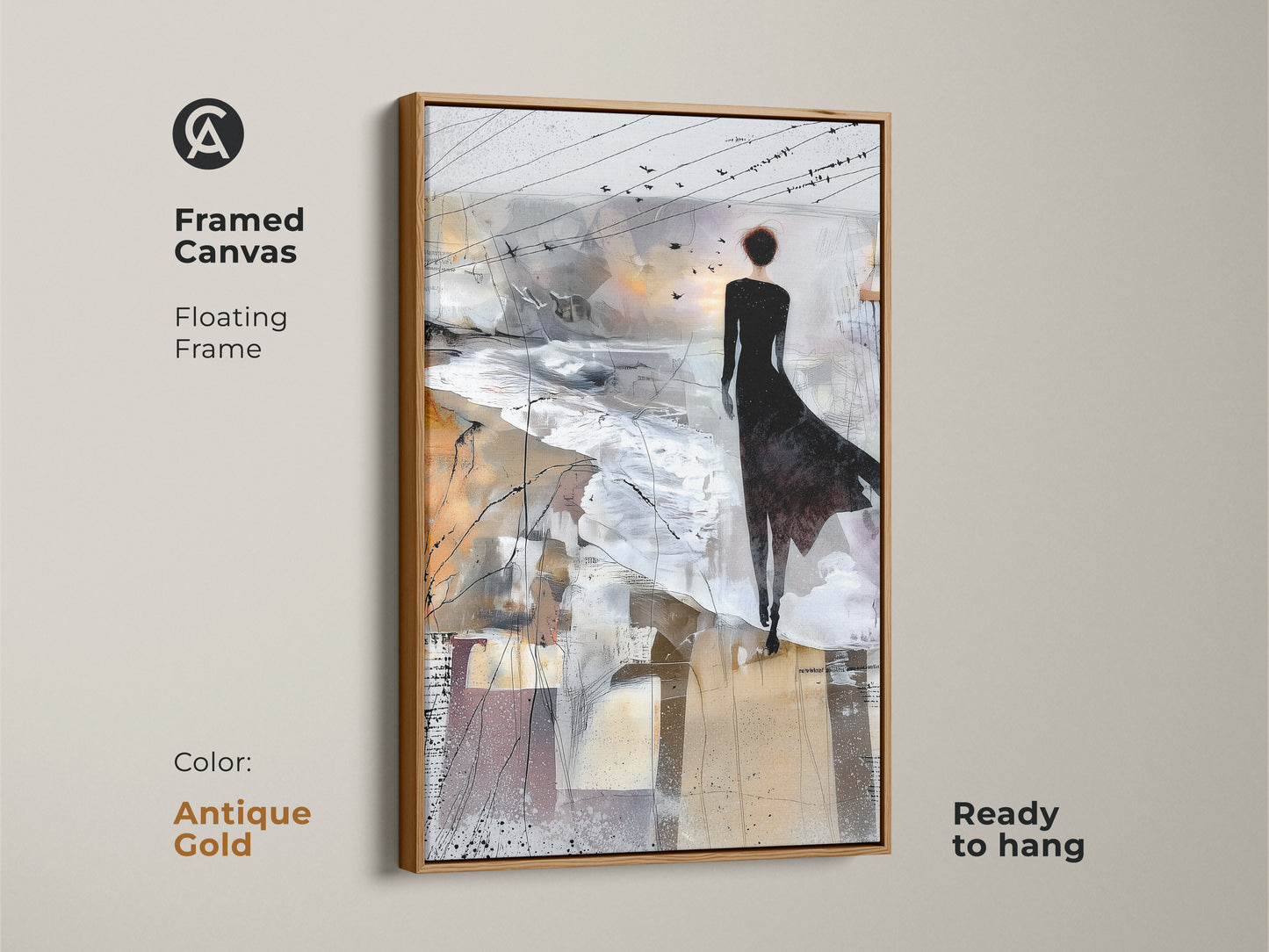 Antique Gold framed canvas showing abstract art in Brown White and Grey. View a woman and birds on canvas. This contemporary figurative landscape makes up bedroom art and is ready to hang.