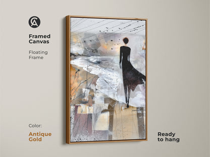 Antique Gold framed canvas showing abstract art in Brown White and Grey. View a woman and birds on canvas. This contemporary figurative landscape makes up bedroom art and is ready to hang.