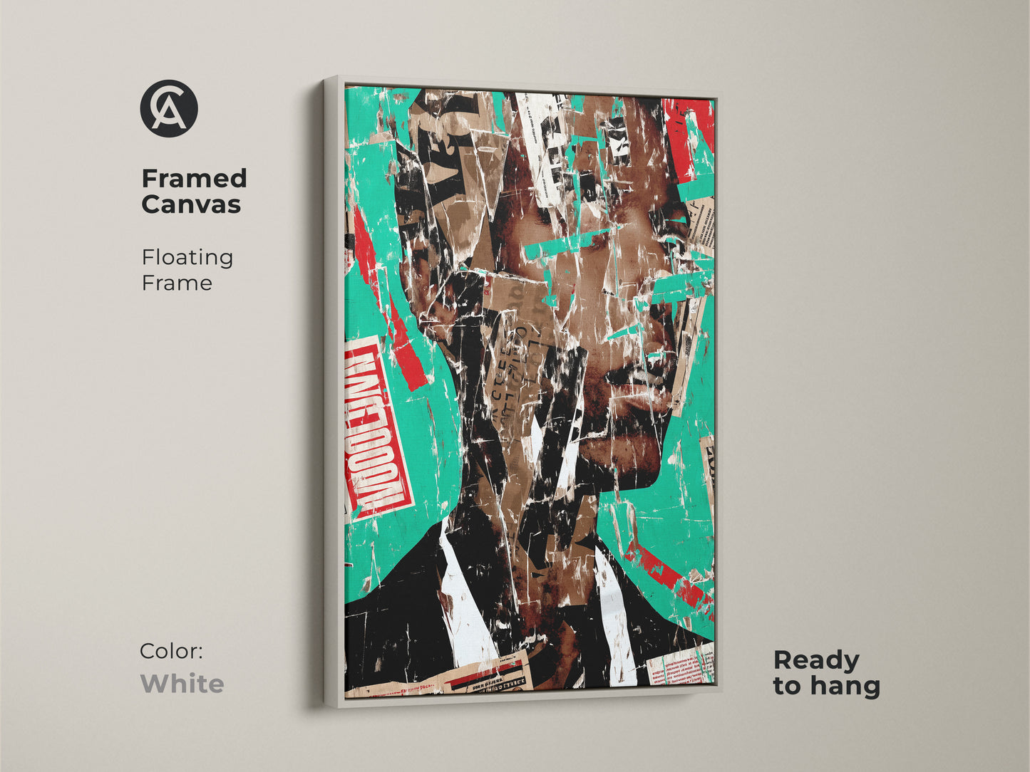 Framed canvas of abstract face collage art. This urban portrait wall art has a floating white frame. The mixed media art uses teal red and brown colors. This eclectic piece is ready to hang for boutique wall decor.