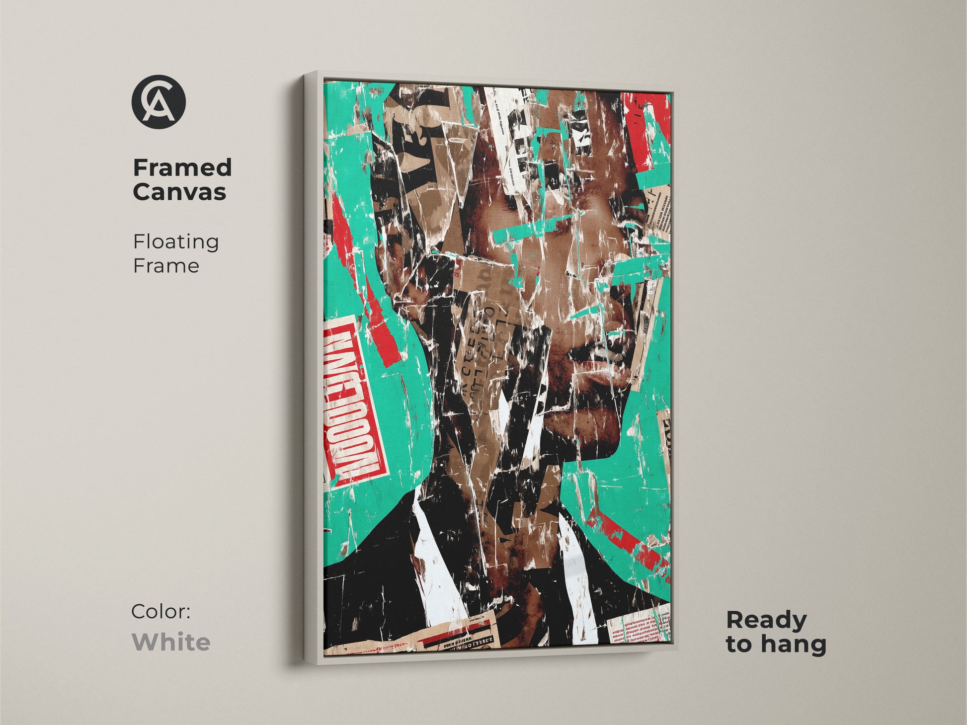 Framed canvas of abstract face collage art. This urban portrait wall art has a floating white frame. The mixed media art uses teal red and brown colors. This eclectic piece is ready to hang for boutique wall decor.