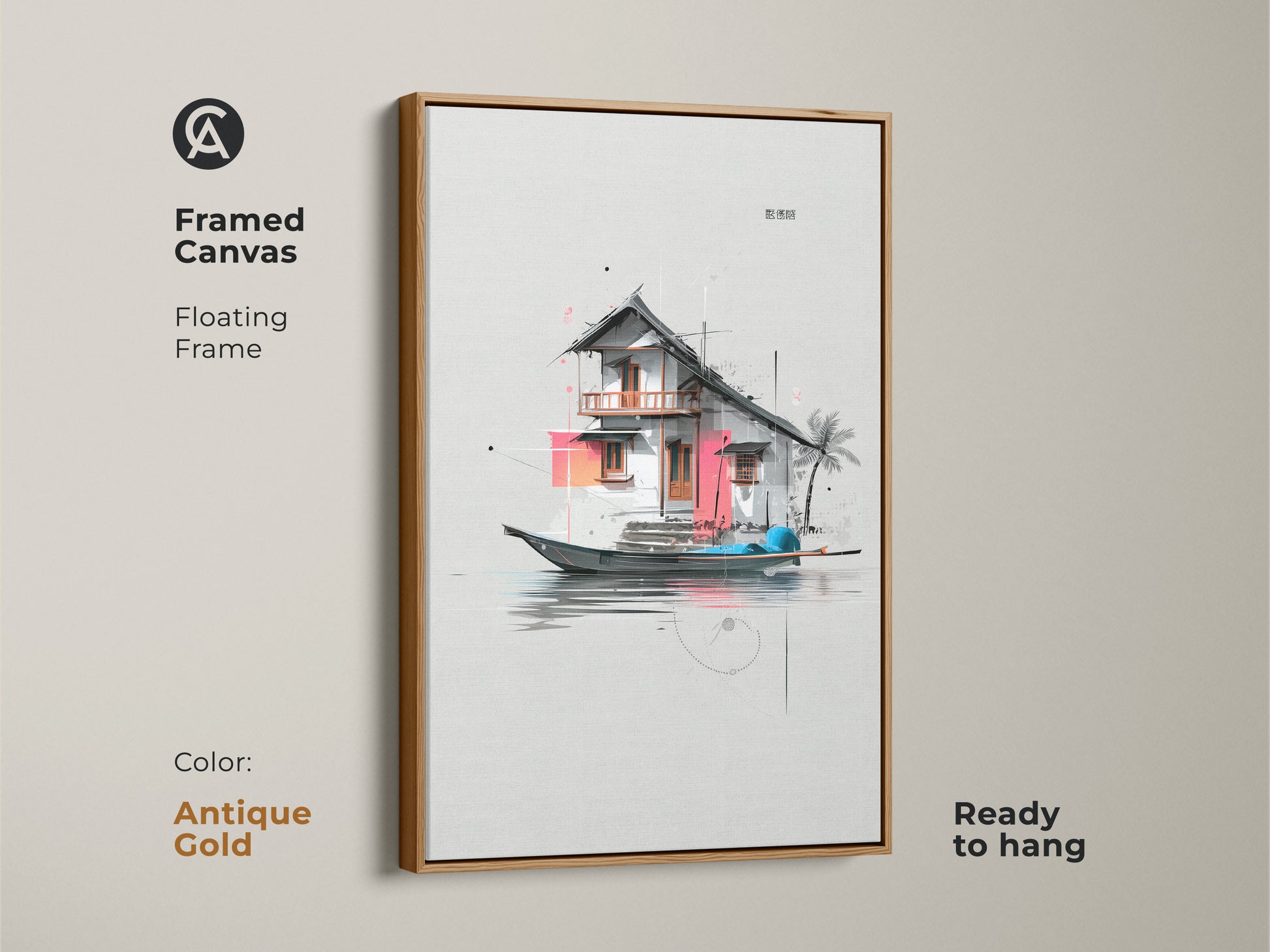 Framed canvas with a floating frame in antique gold featuring an architectural floating house art. This minimalist artwork is ready to hang. It is contemporary art for any home wall.